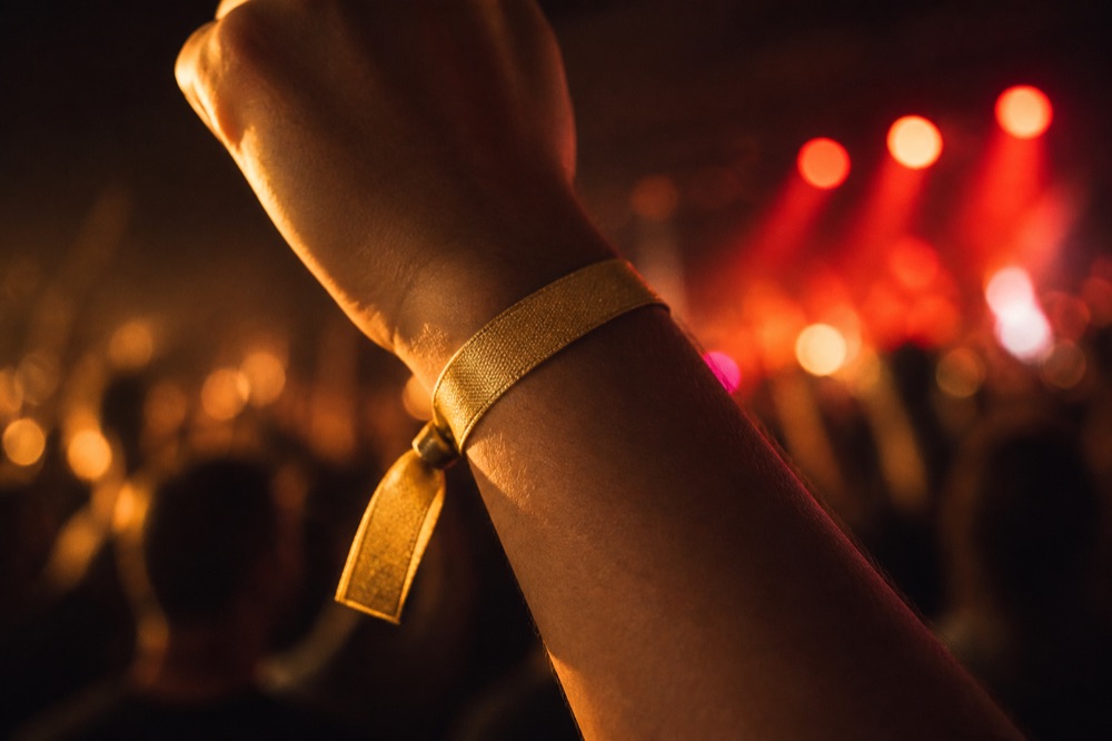 Un bracciale al polso di uno spettatore, in mezzo al pubblico